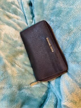 Michael Kors Navy Saffiano Zip Wallet with Gold Hardware